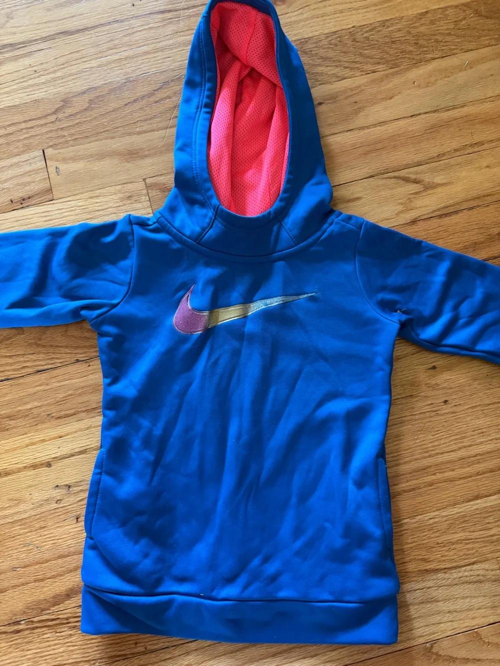 Nike Blue Hoodie with Pink Lined Hood and Multicolor Swoosh